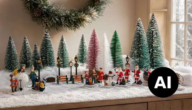 Assorterade flaskborst-julgranar och små julfigurer med jultomte, snögubbe, lyktstolpar och bänkar för en festlig vinterby. - Billedet er skabt med AI