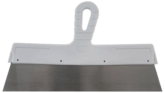 Bred spackel med vitt plasthandtag och stor blad i rostfritt stål, perfekt för att bredspackla eller jämna ut ytor vid renovering.