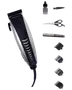 Elektrisk hårklippare med svart och silver design, fyra distanskammar, sax, kam, olja och rengöringsborste. Perfekt för hemmaklippning och grooming.