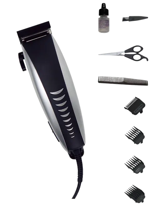 Elektrisk hårklippare med svart och silver design, fyra distanskammar, sax, kam, olja och rengöringsborste. Perfekt för hemmaklippning och grooming.