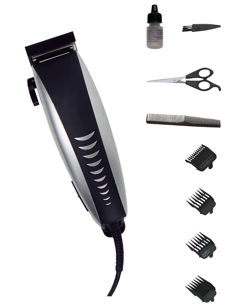 Elektrisk hårklippare med svart och silver design, fyra distanskammar, sax, kam, olja och rengöringsborste. Perfekt för hemmaklippning och grooming.
