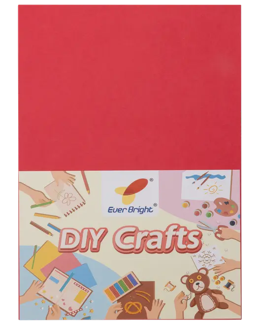 Ever Bright DIY Crafts-kit med rött omslag, dekorerat med illustrationer av konstmaterial, färgpennor, papper och en nalle, perfekt för kreativa pysselprojekt.
