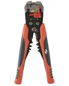 Automatisk afisoleringstang med rød og sort ergonomisk greb, justerbar afisoleringsmekanisme og flere hak til forskellige ledningsstørrelser. Velegnet til elektrisk arbejde.