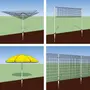 Illustration viser en jordskrue, der bruges til at fastgøre forskellige udendørs genstande: tørrestativ, net, parasol og hegn, hvilket demonstrerer dens alsidige anvendelse til stabil montering.