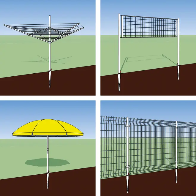 Illustration viser en jordskrue, der bruges til at fastgøre forskellige udendørs genstande: tørrestativ, net, parasol og hegn, hvilket demonstrerer dens alsidige anvendelse til stabil montering.