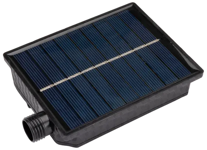 Rektangulært solpanel med sort plastikramme, blå solceller og gevindtilslutning på siden. Velegnet til små apparater eller vandfunktioner, beregnet til udendørs brug.