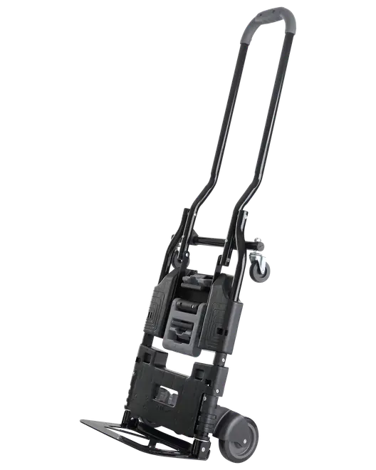 Sammenklappelig sækkevogn med udtrækkeligt håndtag, solid sort ramme, to hjul og foldbar bundplade. Let og bærbar til transport af kasser eller bagage.