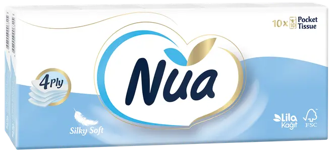 Nua lommetørklædepakke, 10 pakker, 4-lags, silkeblød, blå og hvid emballage, velegnet til følsom hud, kompakt til rejser, FSC-certificeret, fra Lila Kagit.