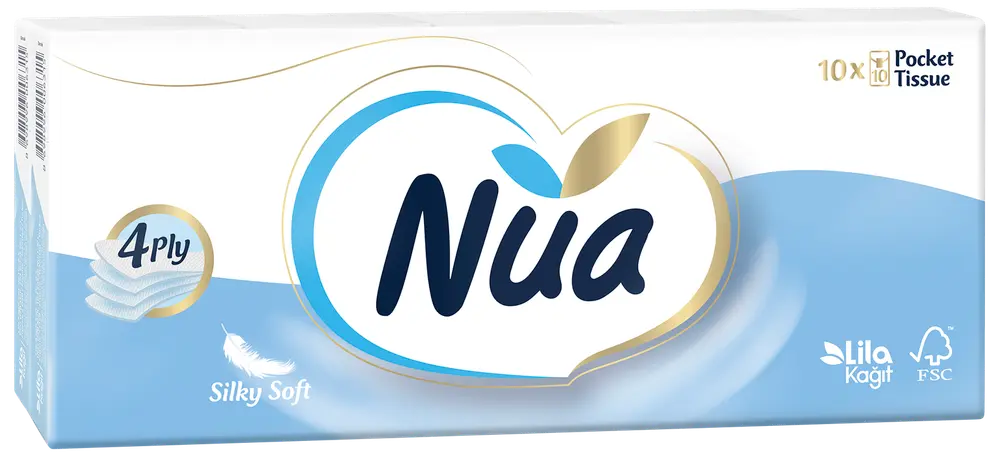 Nua näsduksförpackning, 10 paket, 4-lagers, silkeslen, blå och vit förpackning, passar känslig hud, kompakt för resor, FSC-certifierad, från Lila Kagit.