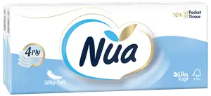 Nua näsduksförpackning, 10 paket, 4-lagers, silkeslen, blå och vit förpackning, passar känslig hud, kompakt för resor, FSC-certifierad, från Lila Kagit.