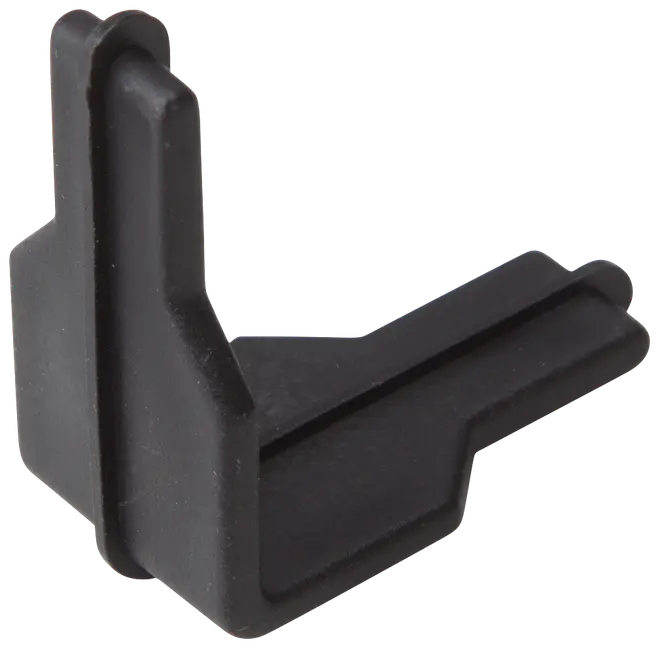 Svart magasinladdare i plast för pistoler, kompakt och lätt, med ergonomiskt grepp och vinklad design för enkel laddning av magasin. Hållbar och lättanvänd.