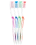 Fyra tandborstar med vita skaft och färgade grepp (rosa, blå, grön, orange). Matchande färgade borst. Ergonomisk design för bekväm användning och effektiv rengöring.