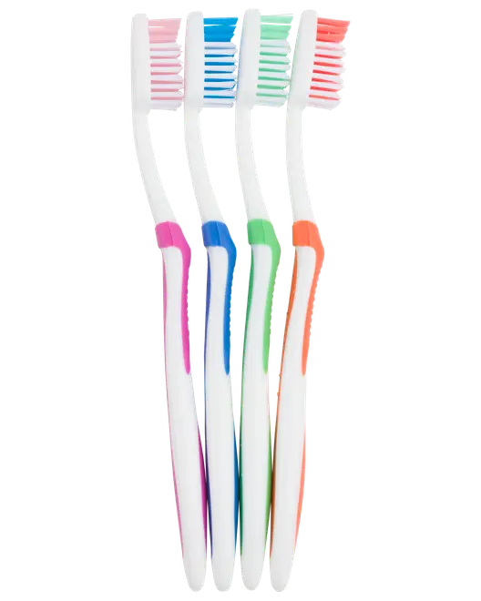 Fyra tandborstar med vita skaft och färgade grepp (rosa, blå, grön, orange). Matchande färgade borst. Ergonomisk design för bekväm användning och effektiv rengöring.