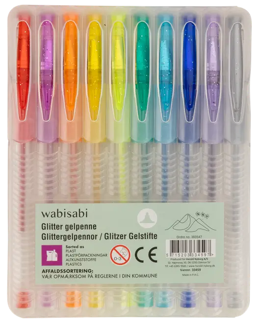 Set med 12 glitter gelpennor i olika pastellfärger, varje med genomskinlig kropp och matchande lock, förpackade i ett genomskinligt plastfodral.
