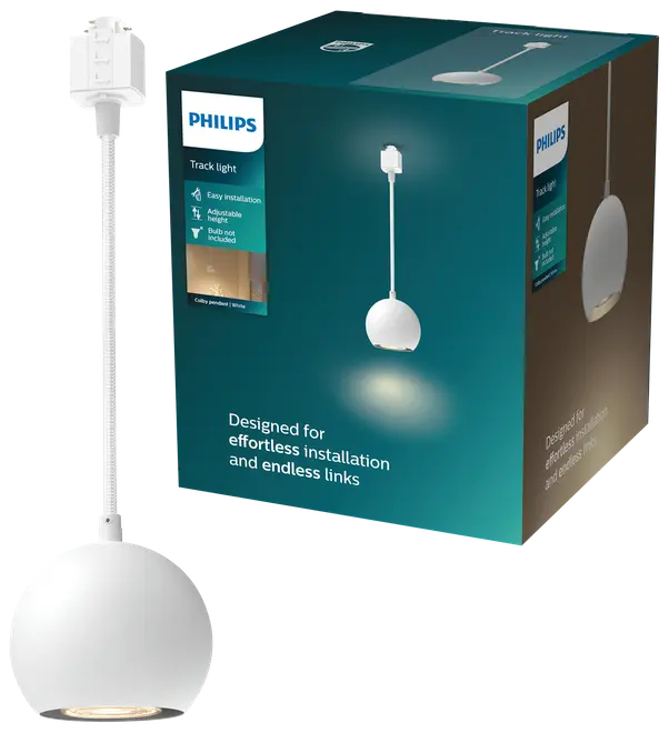 Philips skinnelys med justerbar højde, kugleformet hvid skærm, nem installation. Pære medfølger ikke. Moderne design, egnet til sammenkobling. Emballagen viser produktfunktioner.