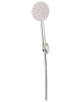 Moderne håndbruser med rundt hoved, flere dyser, kromfinish og fleksibel metalslange. Leveres med vægbeslag for nem montering og justerbar placering.
