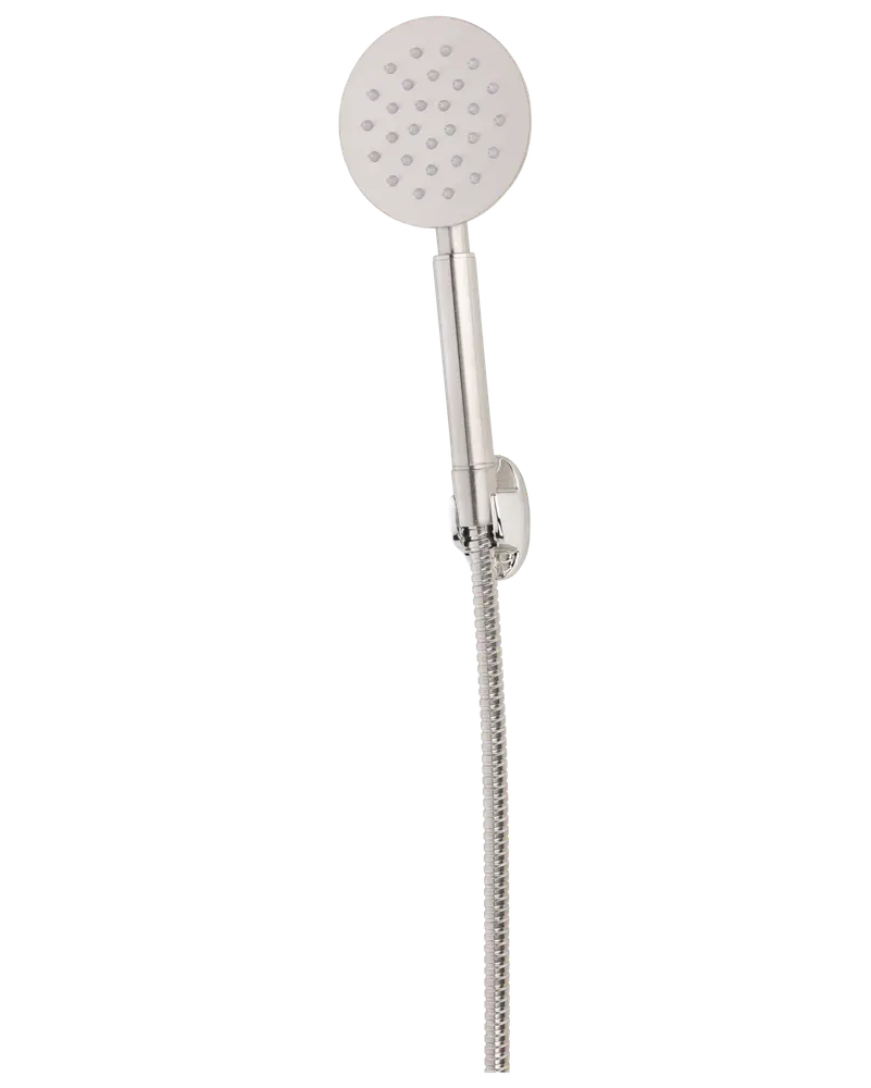 Moderne håndbruser med rundt hoved, flere dyser, kromfinish og fleksibel metalslange. Leveres med vægbeslag for nem montering og justerbar placering.