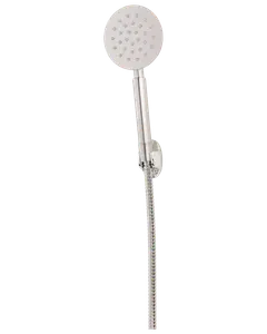 Moderne håndbruser med rundt hoved, flere dyser, kromfinish og fleksibel metalslange. Leveres med vægbeslag for nem montering og justerbar placering.