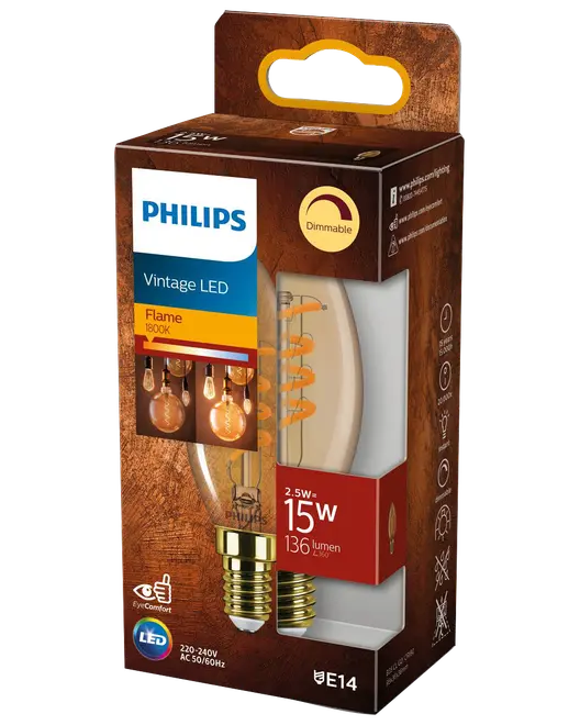 Philips Vintage LED flammepære i emballage, dæmpbar, 2,5W svarer til 15W, 136 lumen, varm 1800K, E14-sokkel.