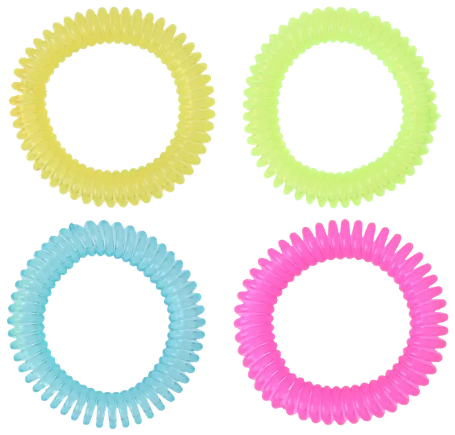 Sæt med fire spiralformede hårelastikker i gul, grøn, blå og pink. Elastikkerne er strækbare og designet til at forhindre sammenfiltring og mærker i håret.