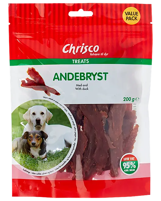 Röd och vit Chrisco hundgodispåse med andbröststrimlor, 200 g, value pack, 95 % kött, låg fetthalt.