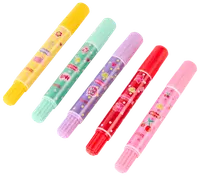 Sæt med fem dobbeltsidede farverige tuscher med søde tegneseriemotiver. Hver tusch har en forskellig farve: gul, grøn, lilla, rød og lyserød. Perfekt til børnehobby.