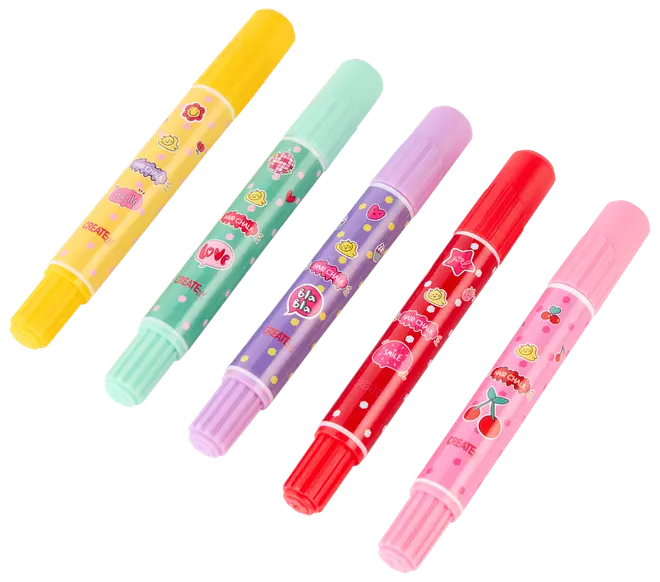 Sæt med fem dobbeltsidede farverige tuscher med søde tegneseriemotiver. Hver tusch har en forskellig farve: gul, grøn, lilla, rød og lyserød. Perfekt til børnehobby.