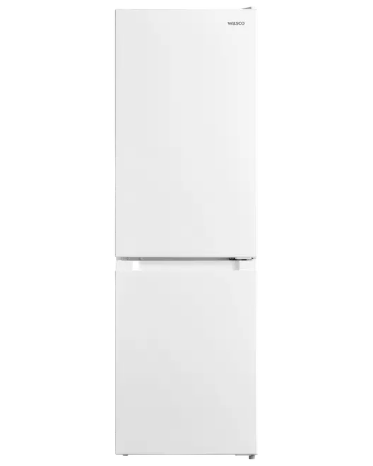 Vit fristående kyl med frys nedtill, två dörrar, minimalistisk design och slät yta. Passar moderna kök och ger gott om förvaringsutrymme.