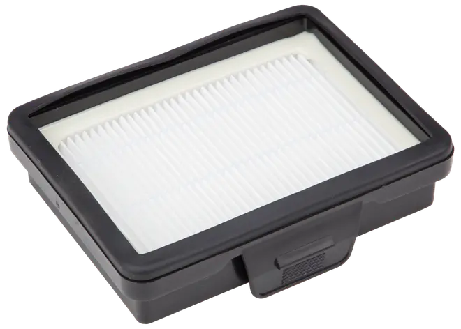 Rektangulärt HEPA-filter med svart plastkant och vitt veckat filtermaterial, avsett för dammsugare eller luftrenare. Utrustad med säker låsmekanism för enkel montering.