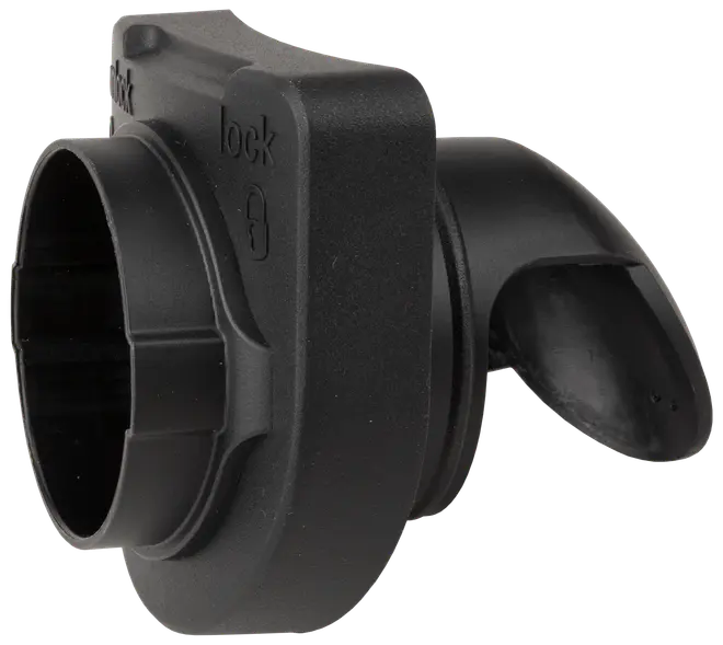 Svart plastadapter för dammsugarslang med låsmekanism, rund öppning för slanganslutning och vinklad munstycke. Hållbar konstruktion, passar standarddammsugarslangar.