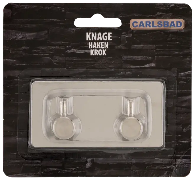 Sæt med to runde, sølvfarvede metalvægkroge med klæbende bagside, velegnet til ophæng af f.eks. håndklæder eller nøgler. Pakket på sort Carlsbad-kort.