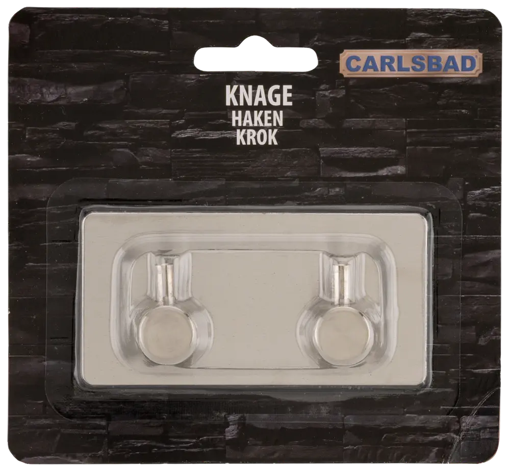 Set med två runda, silverfärgade metallkrokar med självhäftande baksida, lämpliga för att hänga handdukar eller nycklar. Förpackade på svart Carlsbad-kort.