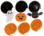 Set med sex Halloween-hängdekorationer: spöke, pumpa och fladdermus med söta ansikten. Innehåller tre svarta och tre orange spiralpappersremsor med figurer.