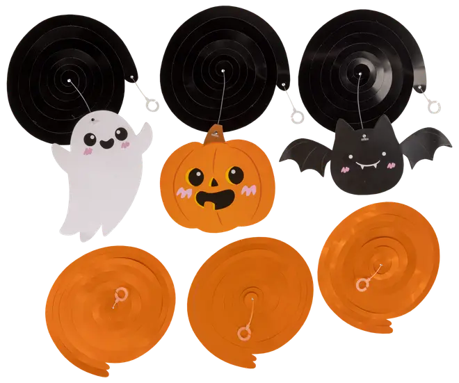 Set med sex Halloween-hängdekorationer: spöke, pumpa och fladdermus med söta ansikten. Innehåller tre svarta och tre orange spiralpappersremsor med figurer.