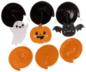 Set med sex Halloween-hängdekorationer: spöke, pumpa och fladdermus med söta ansikten. Innehåller tre svarta och tre orange spiralpappersremsor med figurer.