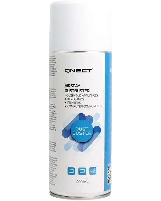 400 ml dåse Qnect Airspray Dustbuster til rengøring af husholdningsapparater, tastaturer, printere og computerkomponenter. Hvid og blå etiket med brugsanvisning.