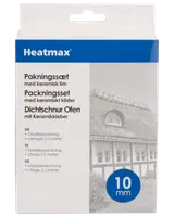 Heatmax packningsset med keramiskt klister, innehåller 2,5 meter 10 mm glasfiberpackning för ugnar. Tål höga temperaturer. Förpackad i ask.