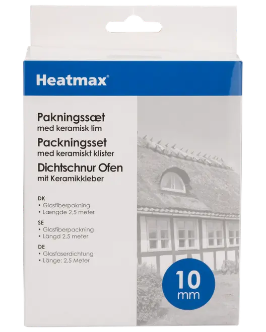 Heatmax packningsset med keramiskt klister, innehåller 2,5 meter 10 mm glasfiberpackning för ugnar. Tål höga temperaturer. Förpackad i ask.