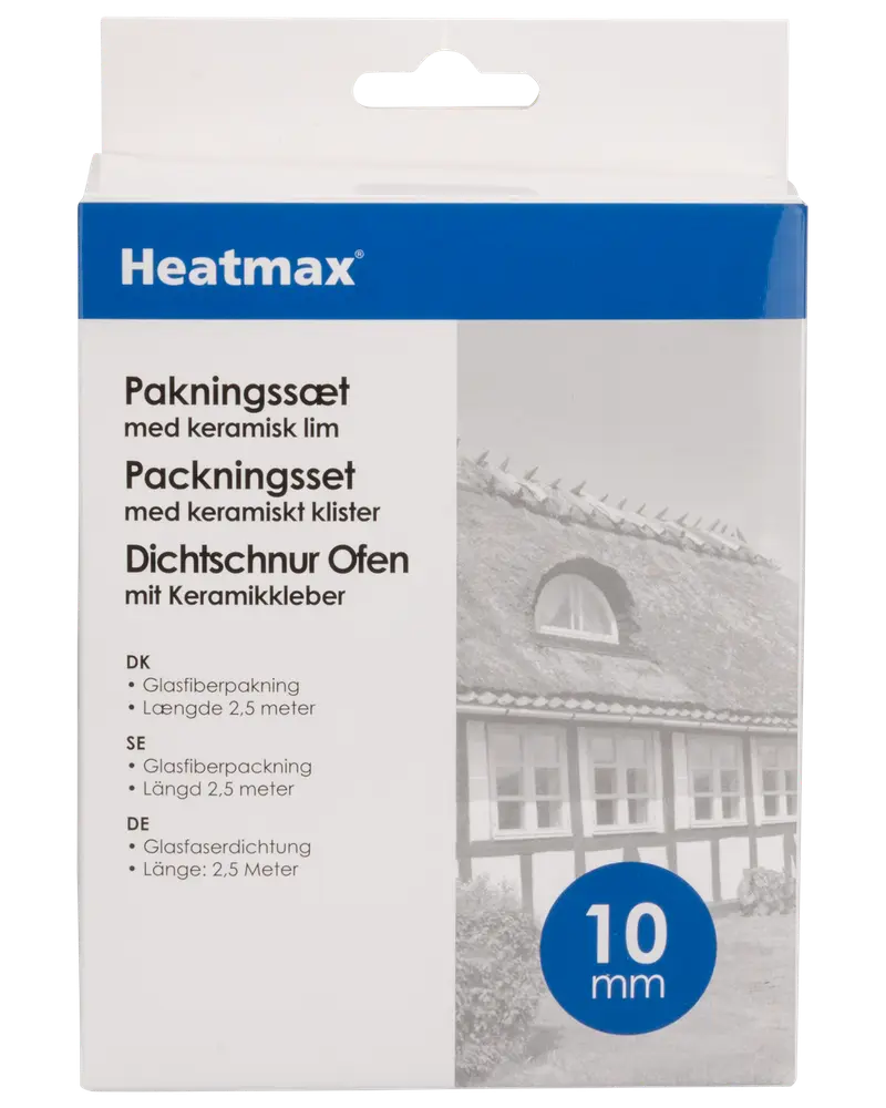 Heatmax packningsset med keramiskt klister, innehåller 2,5 meter 10 mm glasfiberpackning för ugnar. Tål höga temperaturer. Förpackad i ask.