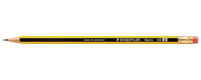 Sort og gul Staedtler Noris HB-blyant med viskelæder og spids.
