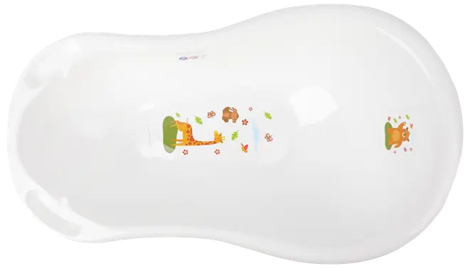 Vitt plastbadkar för bebisar med rundade kanter och färgglada djurmotiv, inklusive giraff och lejon, på insidan. Slät yta, lämplig för spädbarnsbad.