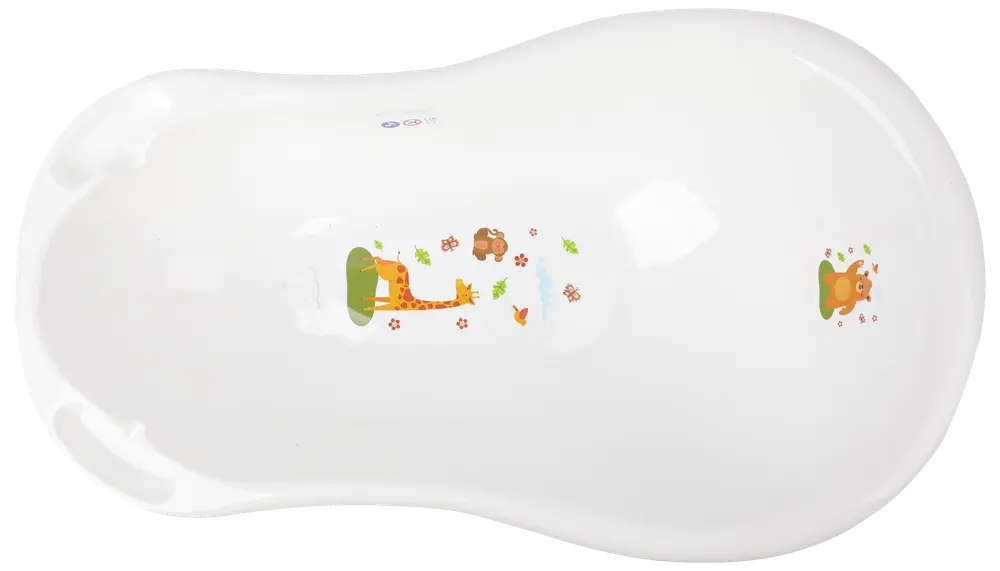 Vitt plastbadkar för bebisar med rundade kanter och färgglada djurmotiv, inklusive giraff och lejon, på insidan. Slät yta, lämplig för spädbarnsbad.