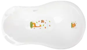 Vitt plastbadkar för bebisar med rundade kanter och färgglada djurmotiv, inklusive giraff och lejon, på insidan. Slät yta, lämplig för spädbarnsbad.