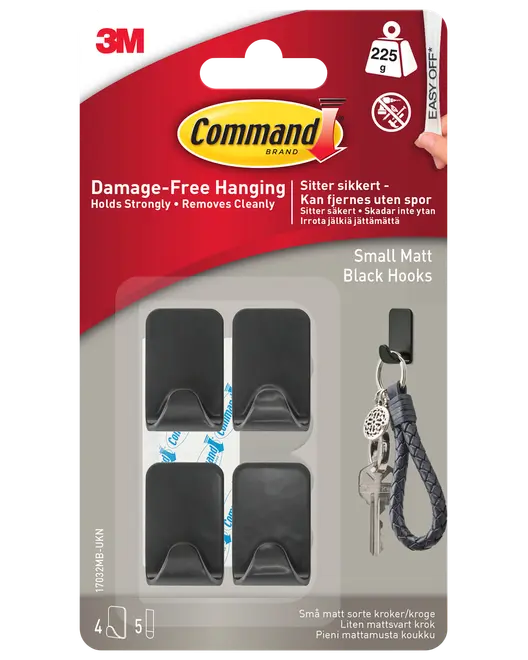 Command™ 4 Krokar och 5 Strips – Matt Svart, Små