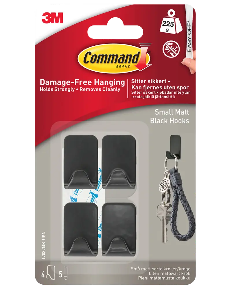 Command™ 4 Krokar och 5 Strips – Matt Svart, Små
