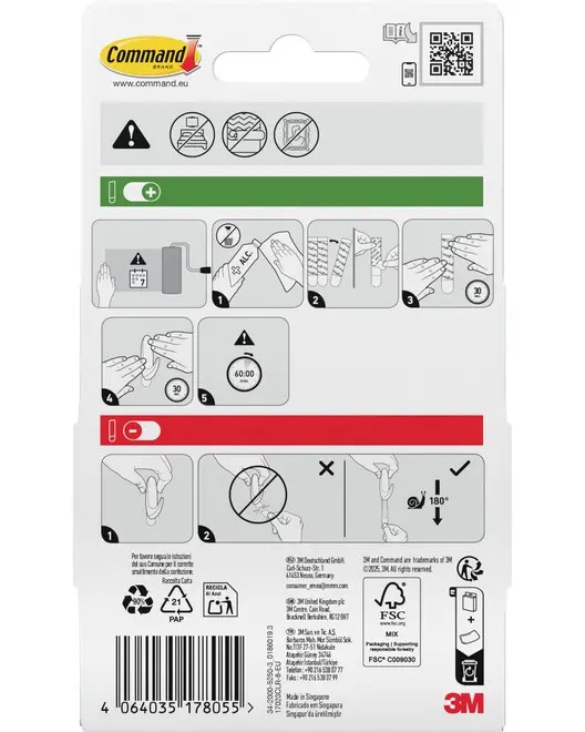 Bagside af Command klæbestrips emballage med illustrerede instruktioner til brug og fjernelse, advarsler, produktinformation, stregkode, genbrugssymboler og 3M logo.