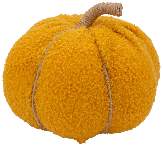 Dekorativ pumpa av gult bouclétyg med texturerad yta och snöromvirad stjälk. Mjuk, plyschig design för höst- eller Halloween-dekoration.