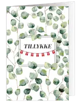 Kort med teksten 'Tillykke', danske flag og farverige vilde blomster som valmuer, margueritter og violer. Sommerfugle og hvid baggrund. Festligt og glædeligt design.