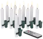 Sæt med 10 hvide LED-lys med grønne clips, flammeformede pærer og fjernbetjening. Perfekt til juletræet eller festlig dekoration.