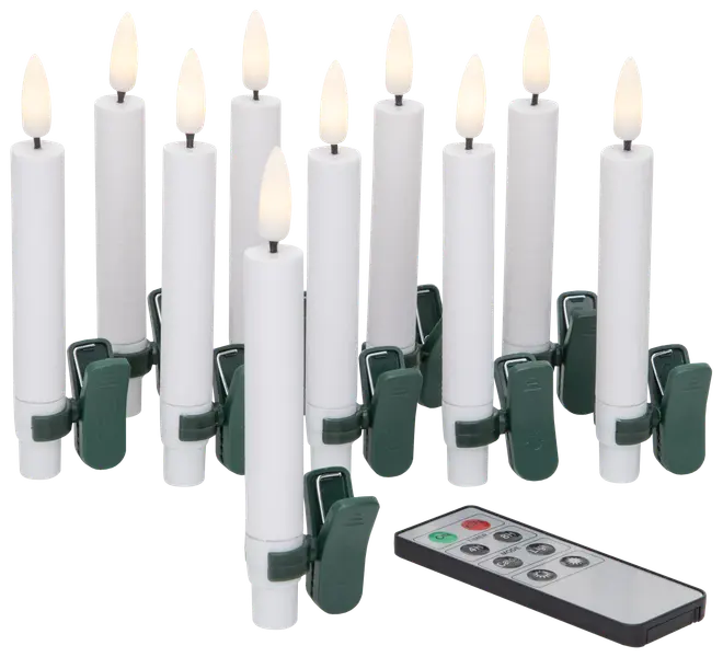 Sæt med 10 hvide LED-lys med grønne clips, flammeformede pærer og fjernbetjening. Perfekt til juletræet eller festlig dekoration.
